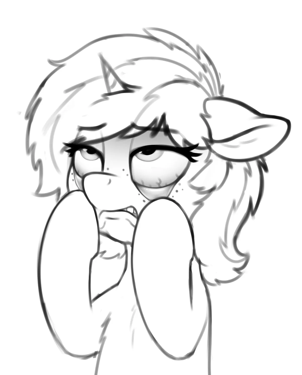 A black-and-white sketch of an anthropomorphic character with pointed ears and a horn, covering their face with both hands…