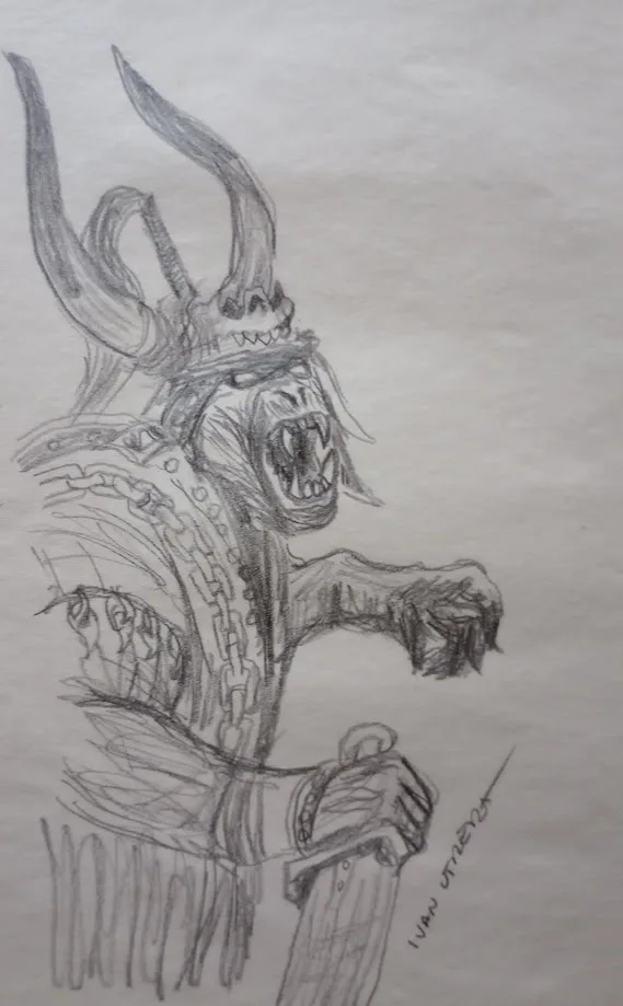 A pencil sketch depicts a monstrous, horned, demonic-looking creature with a wide-open mouth showing sharp teeth, wearing…