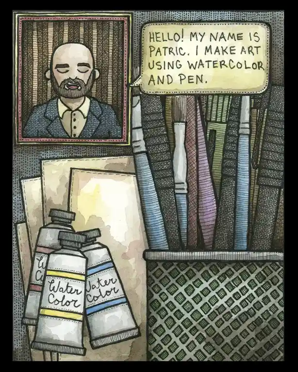 A cartoon illustration shows a framed portrait of a bald man with a beard introducing himself as Patric, who makes art using…