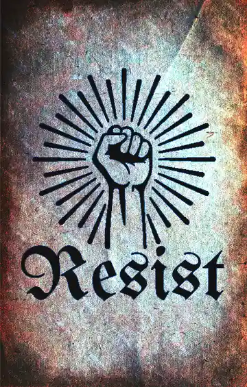 A gritty, textured image features a black silhouette of a raised fist surrounded by radiating lines, with the word 'Resist'…