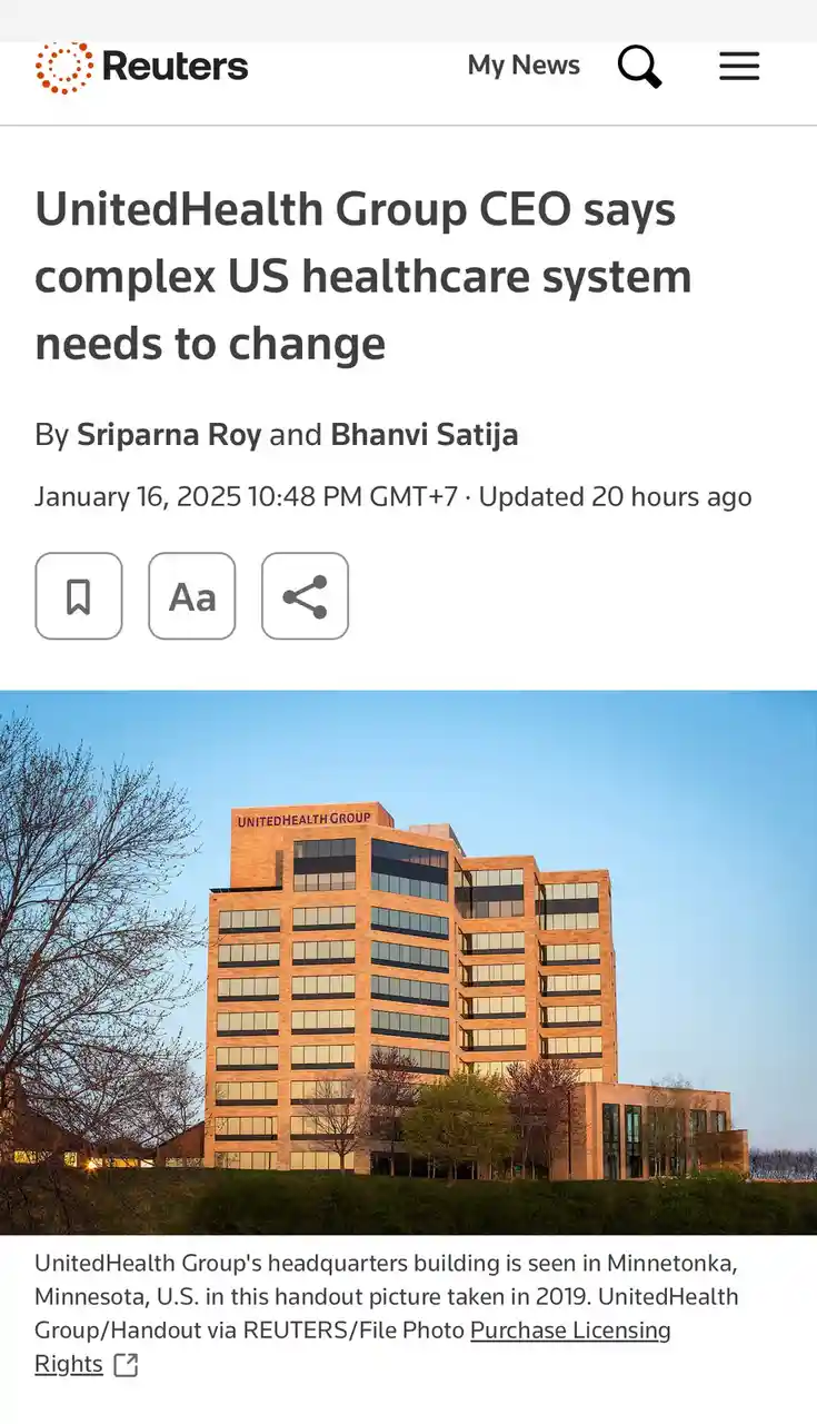 A Reuters news article screenshot shows a photo of the UnitedHealth Group headquarters building in Minnetonka, Minnesota…