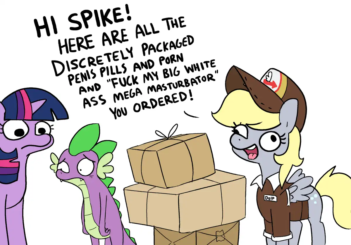 A cartoon pony in a delivery uniform with a name tag reading 'DoIP' cheerfully presents a tall stack of brown cardboard…