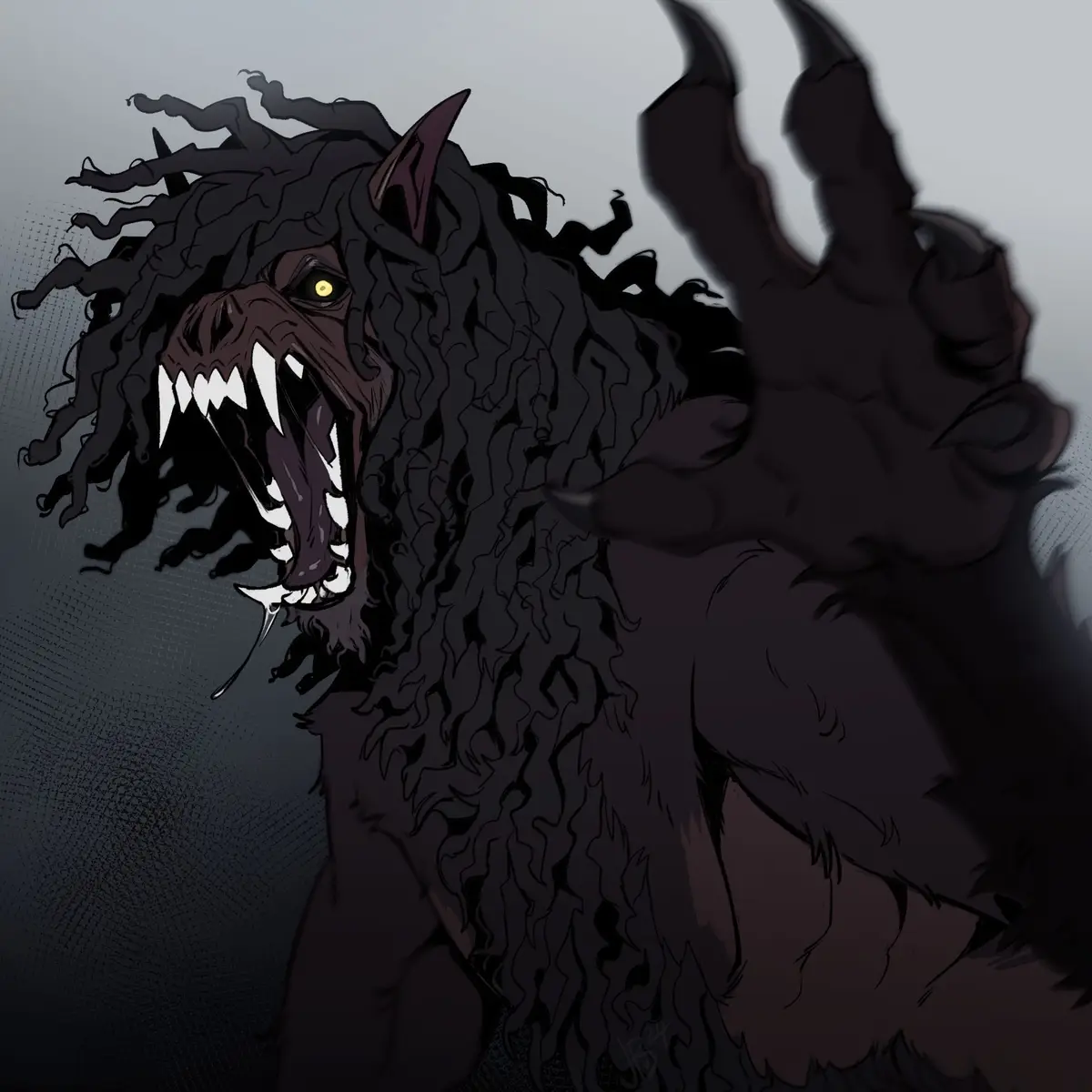 A dark, menacing monster with wild black hair, glowing yellow eyes, sharp fangs, and horns roars while extending a clawed…
