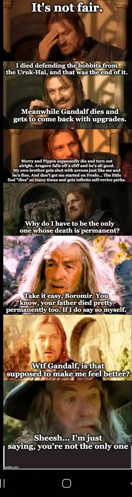 A vertical comic strip featuring Boromir from Lord of the Rings expressing frustration over his permanent death in contrast…