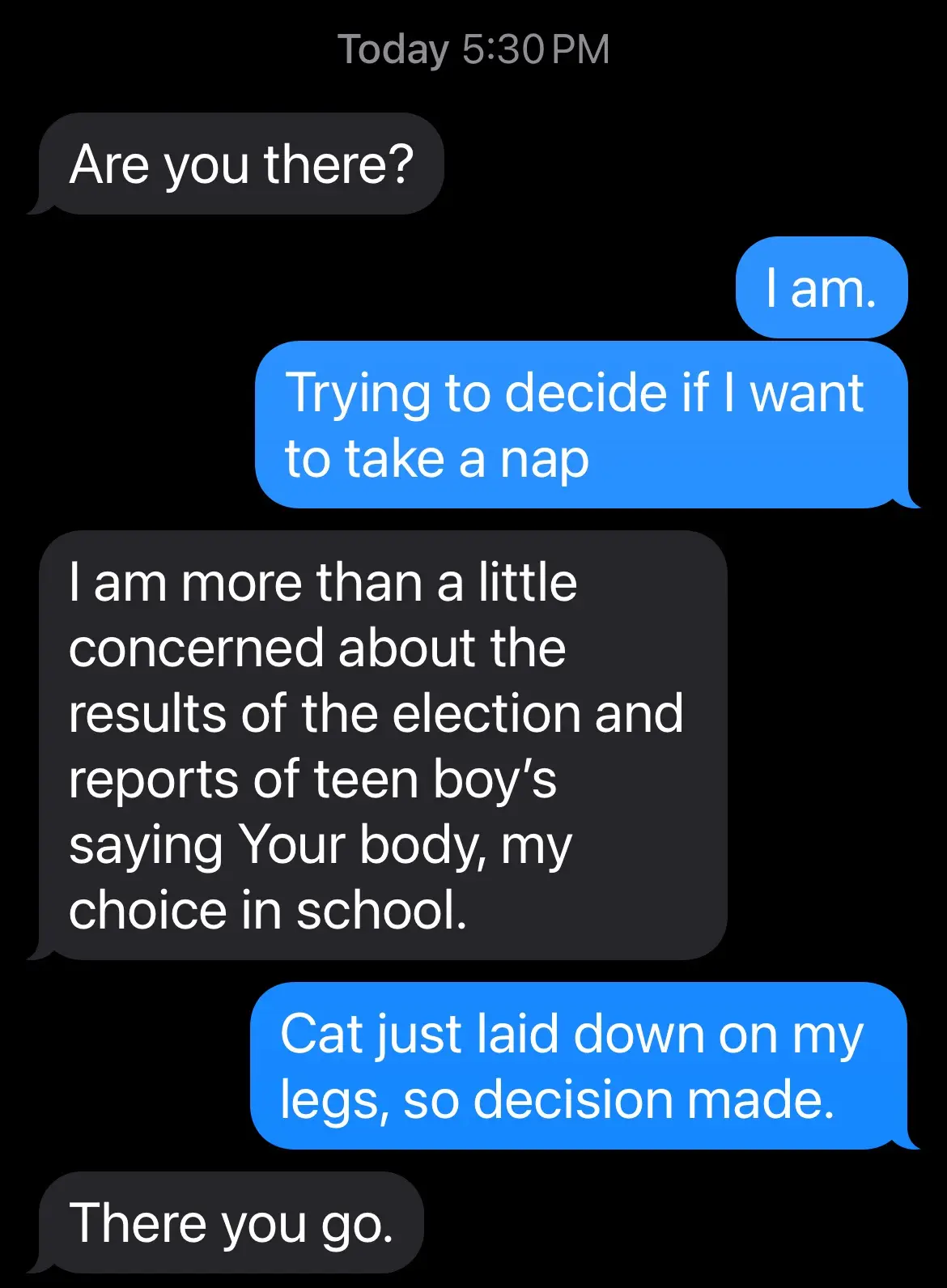 A screenshot of a text conversation where one person is debating whether to nap, then gets sidetracked by political and…