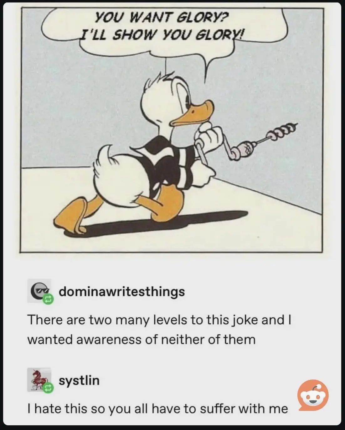 A cartoon duck in a black-and-white striped shirt is crawling on all fours while holding a skewer with three meatballs…