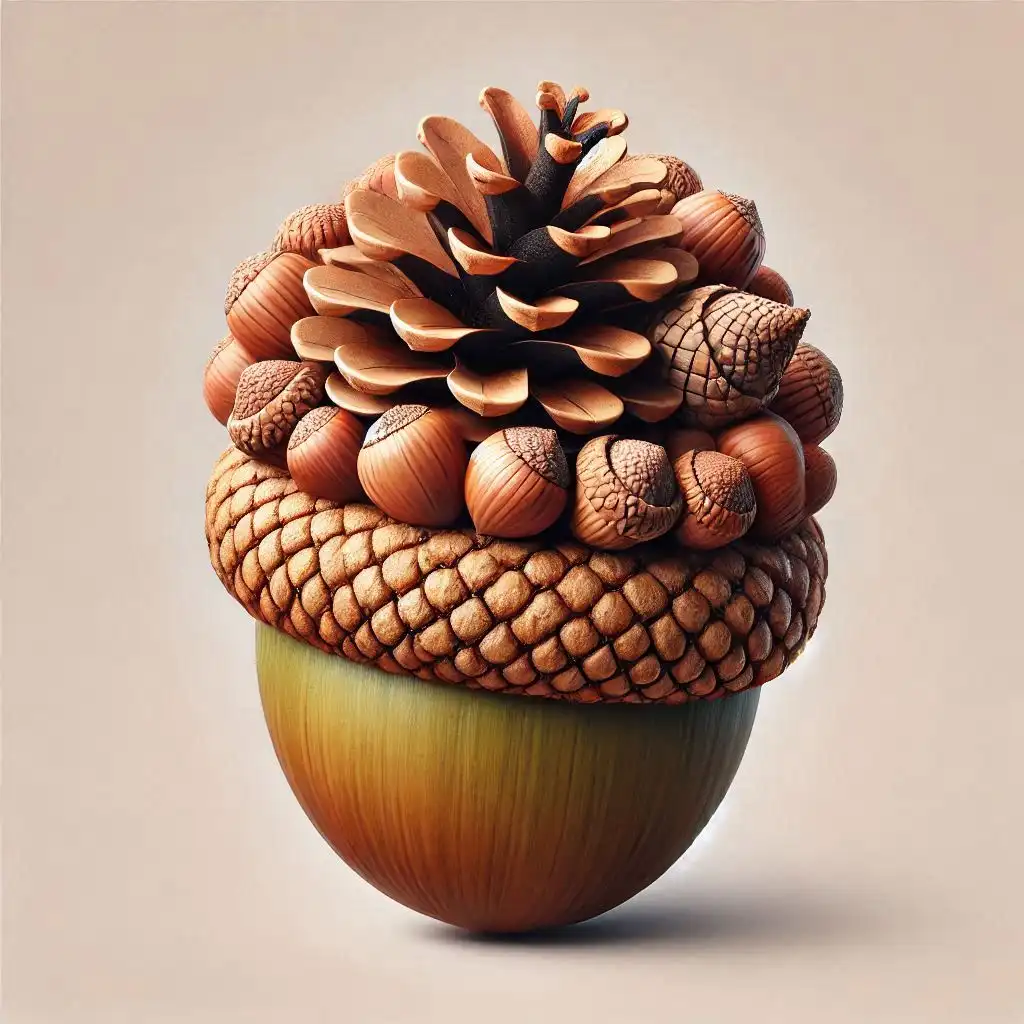 A surreal, digitally rendered image shows a large acorn cup at the base, topped with a textured, woven cap made of acorns…