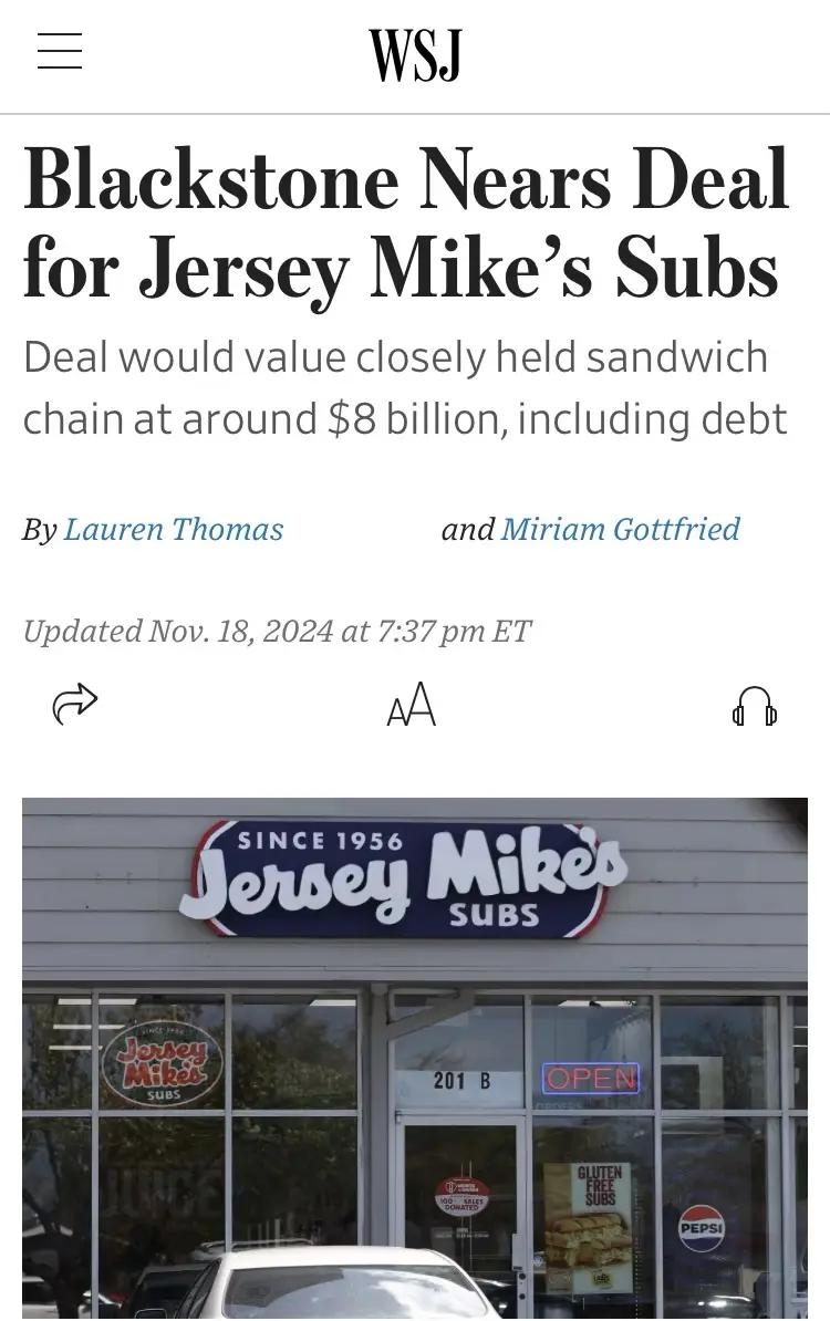 A screenshot of a Wall Street Journal article headline about Blackstone nearing a $8 billion deal for Jersey Mike's Subs…