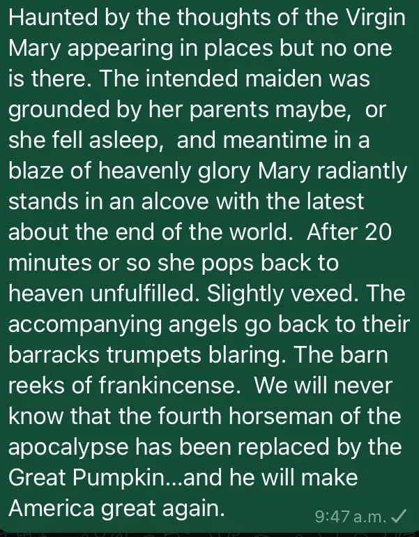 The angel of the Lord is trying to get through: hello? Hello?
