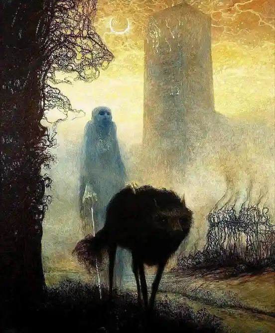 A haunting painting depicts a skeletal figure in a long robe, holding a scythe, standing behind a dark, furry beast in a…