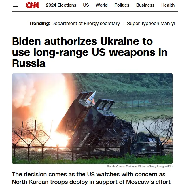 A screenshot of a CNN news article with the headline 'Biden authorizes Ukraine to use long-range US weapons in Russia'…
