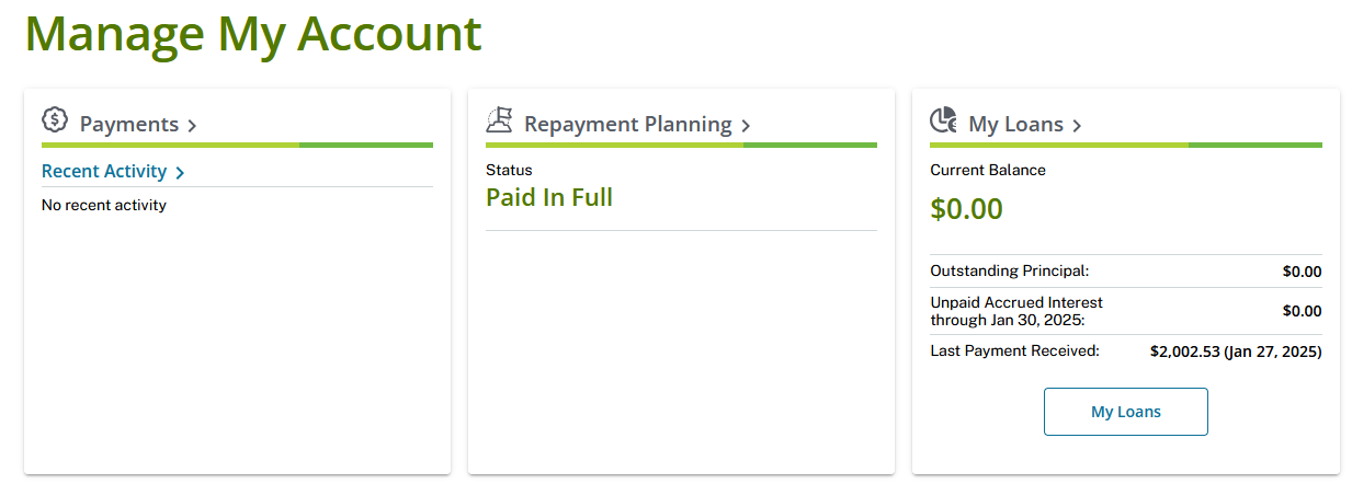 A screenshot of a loan account dashboard showing 'Paid In Full' status with a current balance of $0.00, but a last payment…