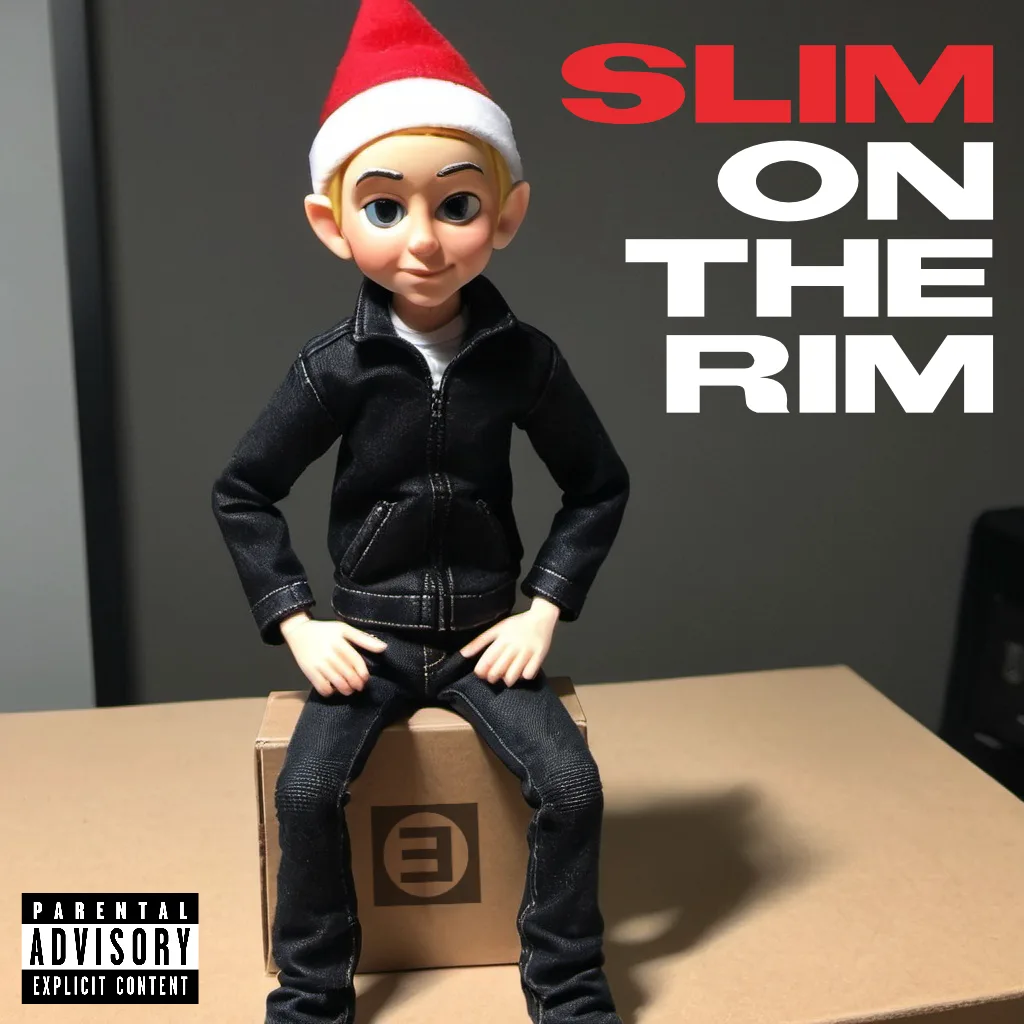 A doll resembling an elf with blonde hair, wearing a red and white Santa hat, a black jacket, and black jeans, sits…