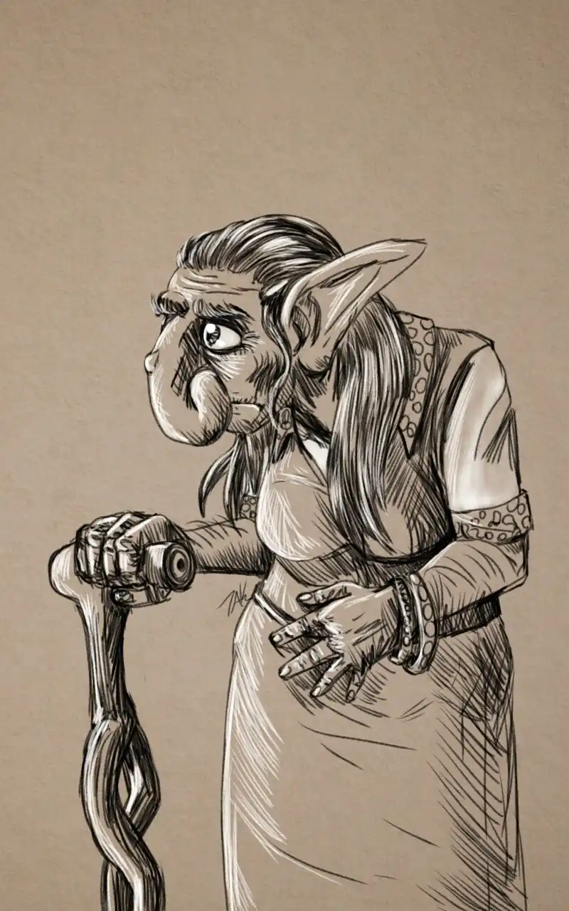 A sepia-toned sketch depicts an elderly, elf-like woman with long hair and pointed ears, leaning heavily on a twisted…