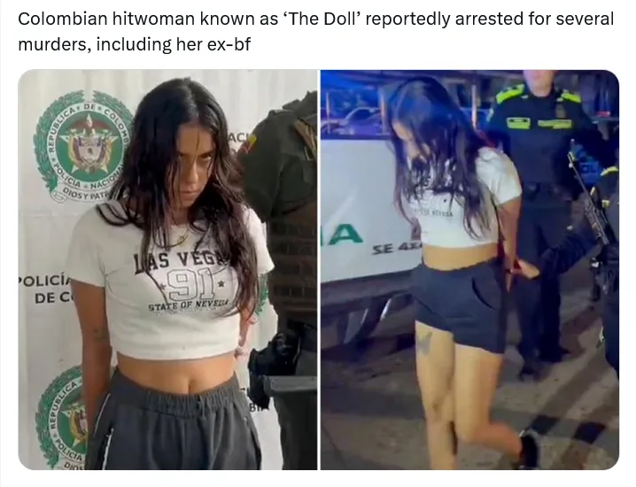The image is a split-screen showing a woman in two different police-related scenes. On the left, she stands in front of a…