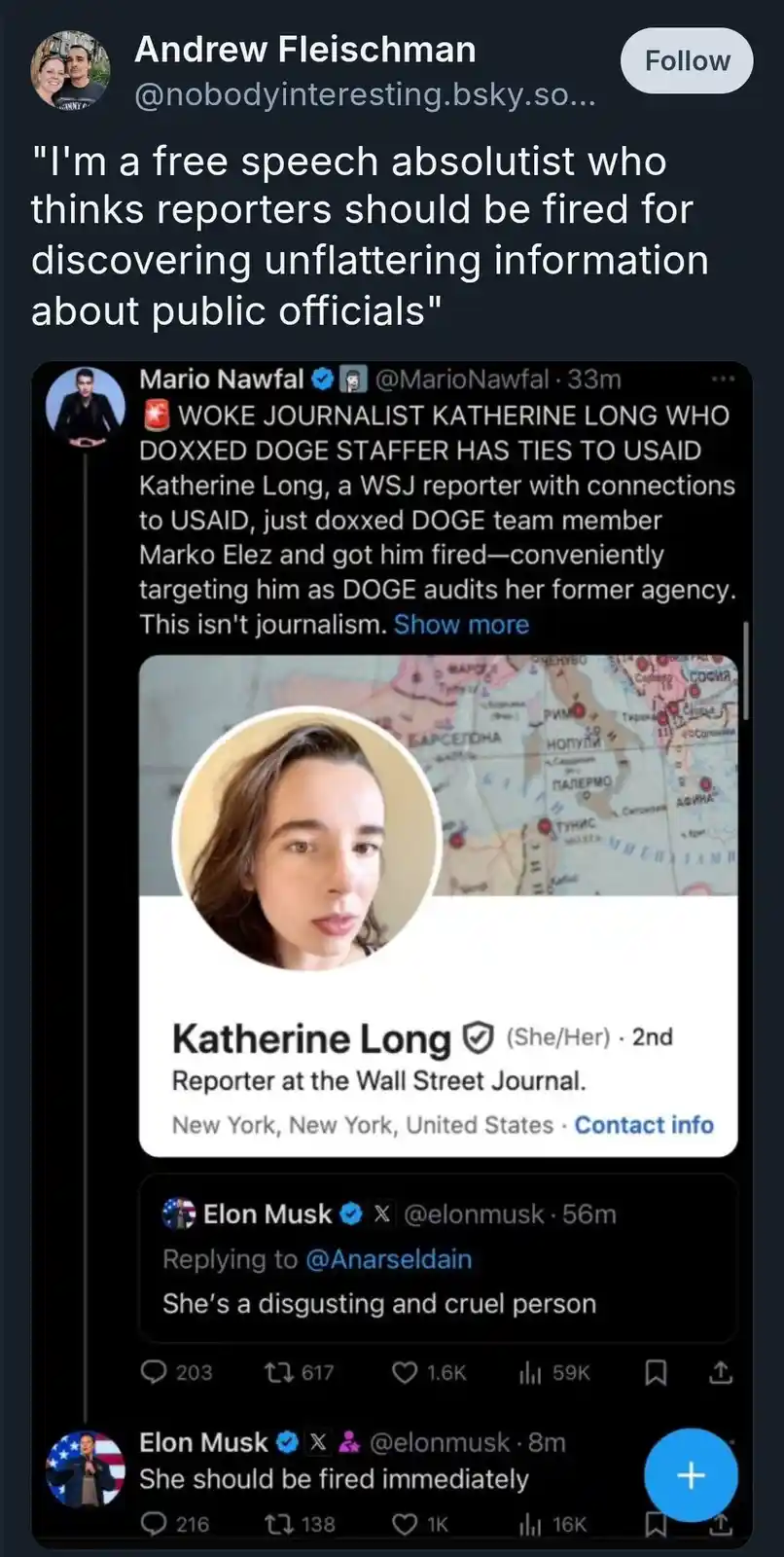 A screenshot of a social media post by Andrew Fleischman showing a tweet from Mario Nawfal about Katherine Long, a WSJ…
