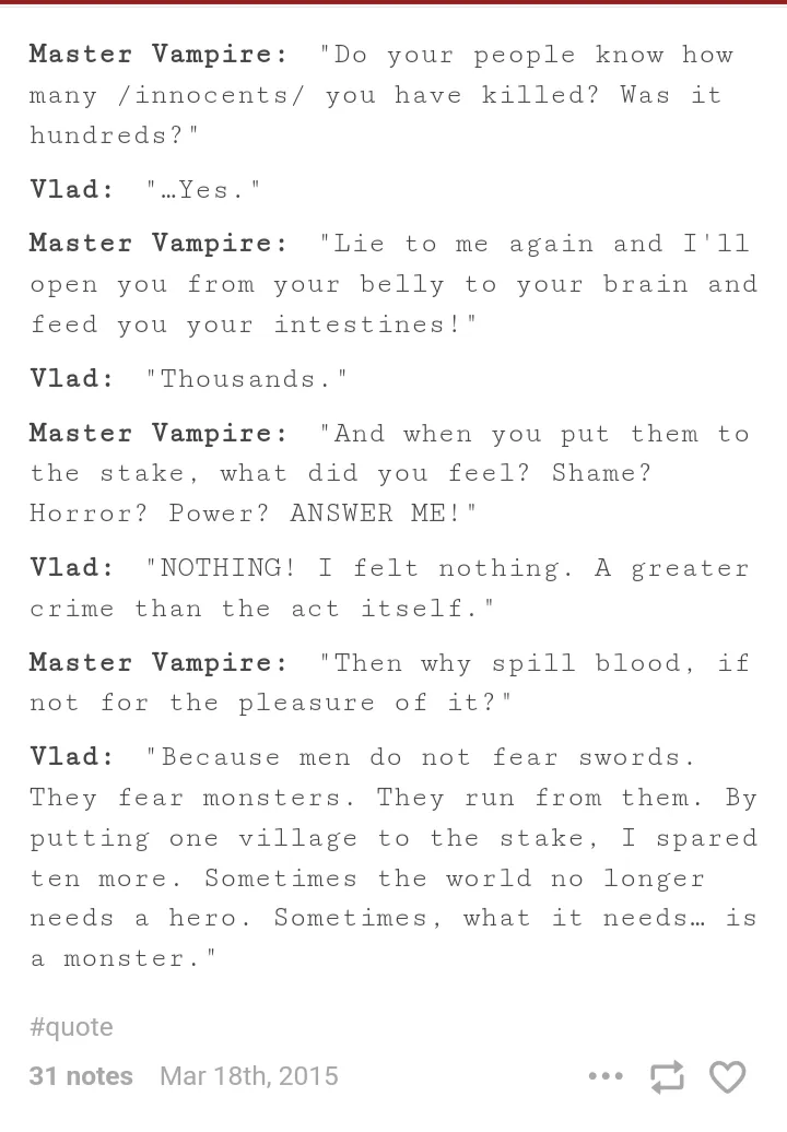 The image displays a text-based dialogue between a 'Master Vampire' and 'Vlad', where Vlad justifies his mass killings by…