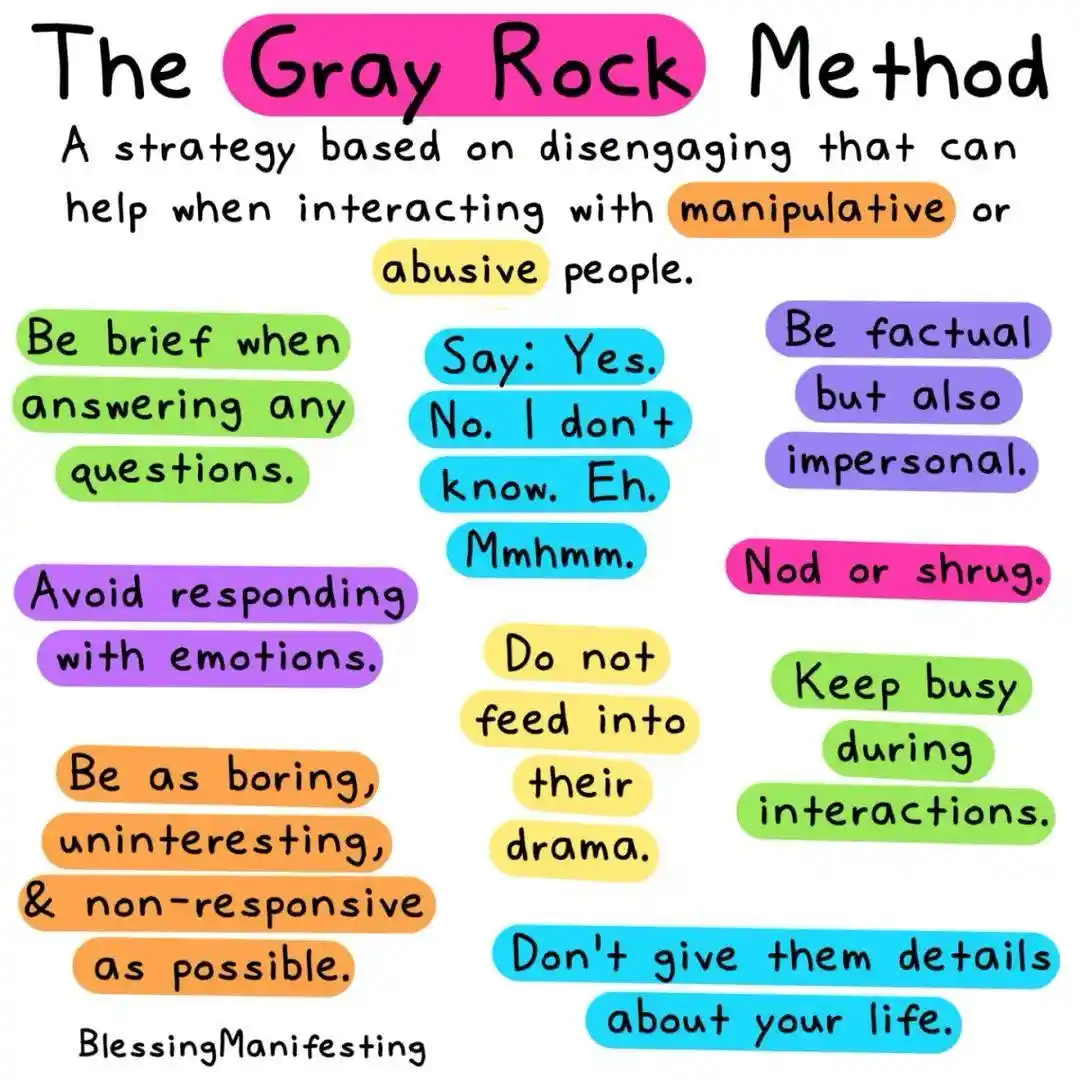 A colorful, hand-drawn infographic titled 'The Gray Rock Method' outlines a disengagement strategy for dealing with…