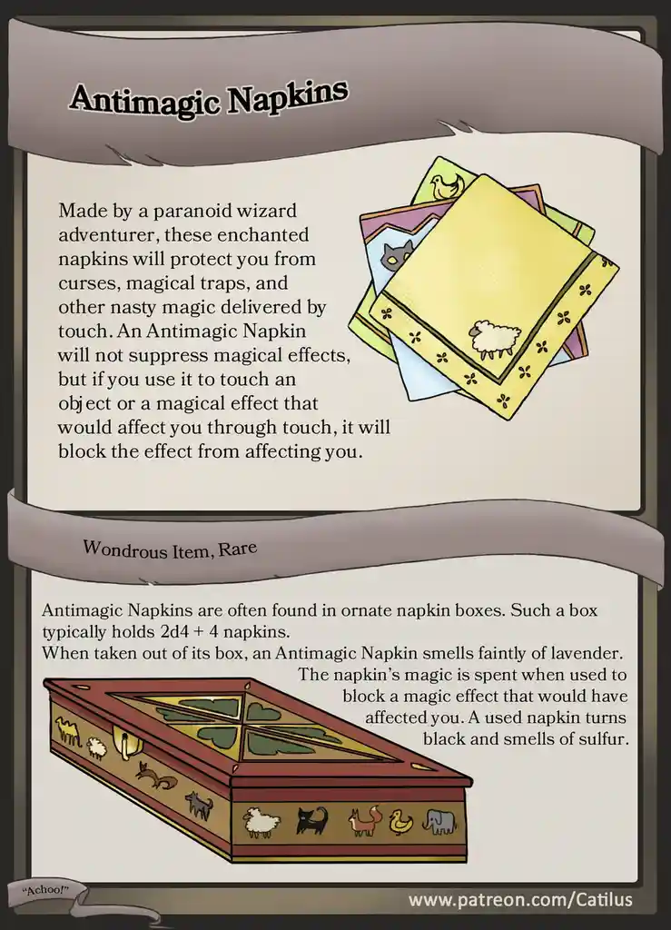 An illustrated item card for 'Antimagic Napkins' from a fantasy RPG, showing a stack of patterned napkins and an ornate…