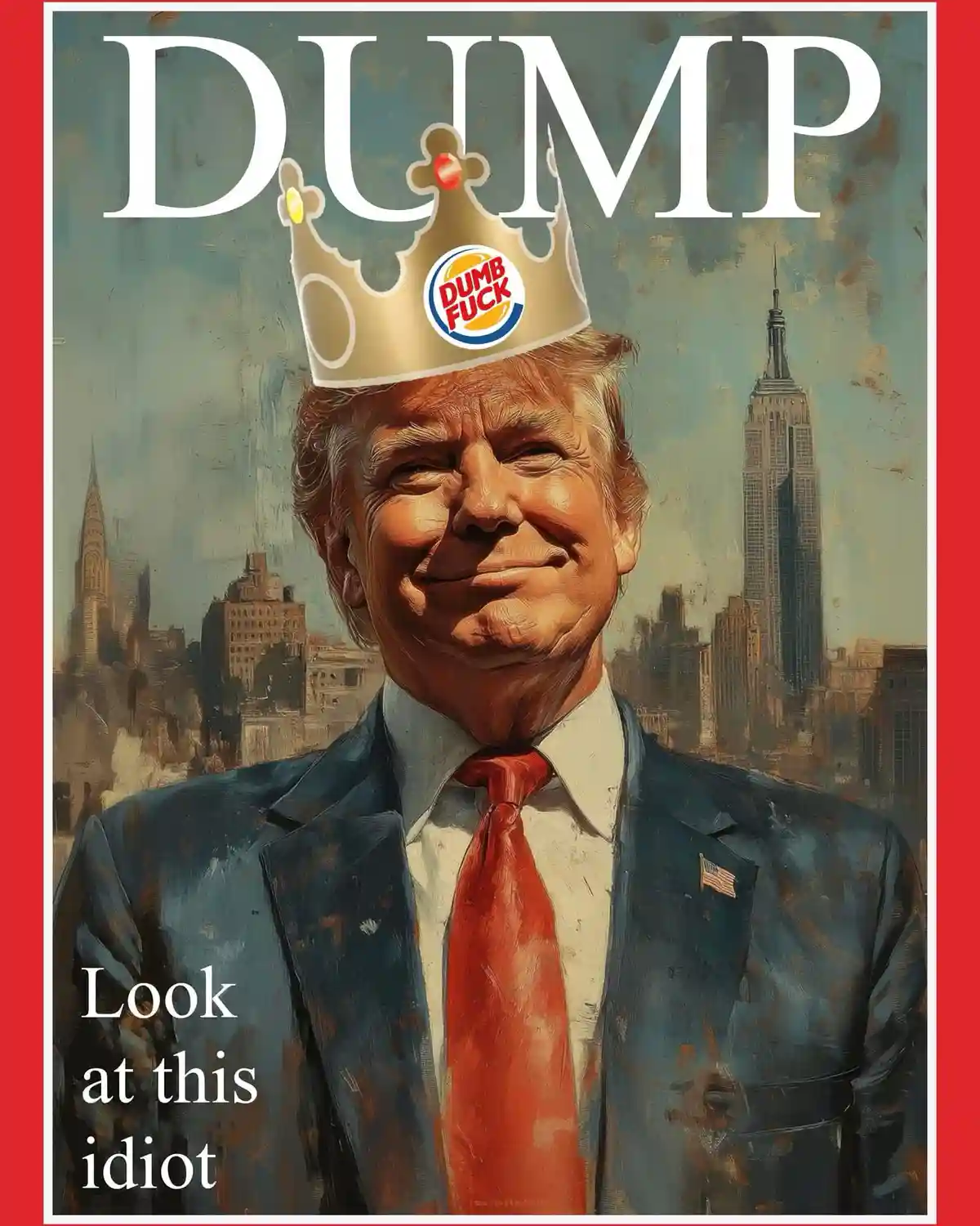 A painted portrait of Donald Trump wearing a gold crown with a 'Dumb Fuck' Burger King logo on it, set against a New York…