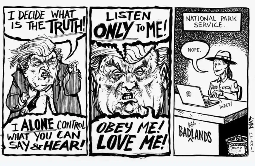 A three-panel black-and-white comic strip shows a caricature of Donald Trump shouting authoritarian demands in the first two…