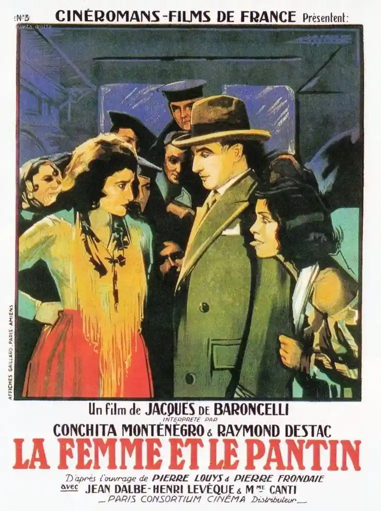 A vintage French film poster for 'La Femme et le Pantin' (The Woman and the Dummy) from 1930, featuring a man in a green…