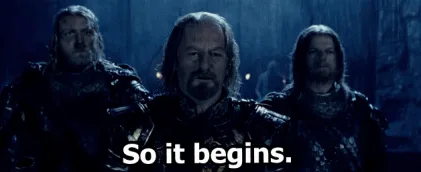 The image displays a repeated scene from 'The Lord of the Rings' featuring three men in dark armor standing in a dimly lit…