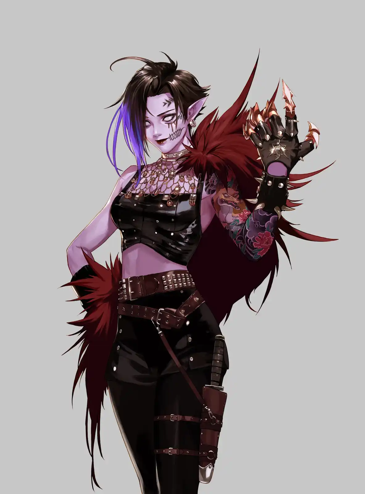 An anime-style illustration of a purple-skinned, elf-eared woman with dark hair and a purple streak, wearing a black studded…