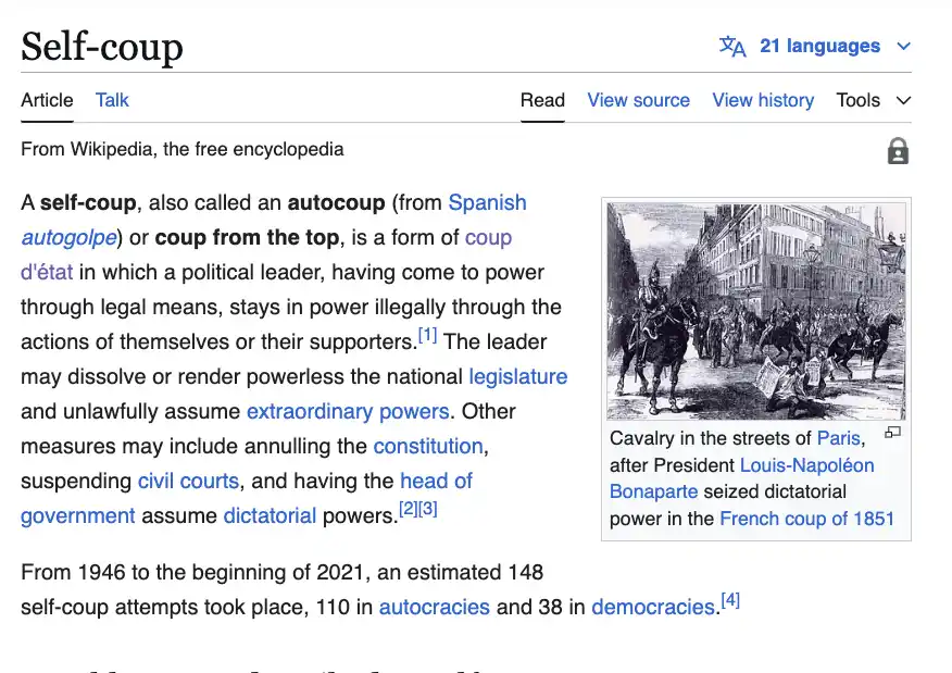 A screenshot of the Wikipedia article for 'Self-coup' shows a black-and-white historical illustration of cavalry in Paris…