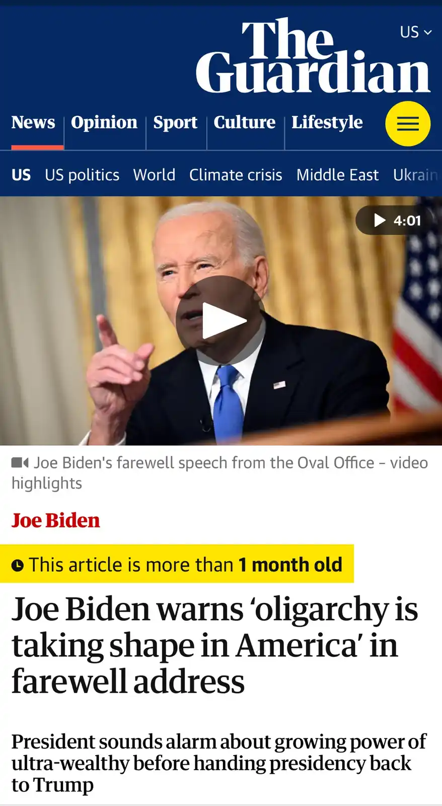 A screenshot of The Guardian's news article featuring a video thumbnail of Joe Biden speaking, with overlaid text stating he…