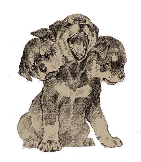 A sepia-toned sketch shows a single dog body with three distinct dog heads emerging from its shoulders. The central head is…
