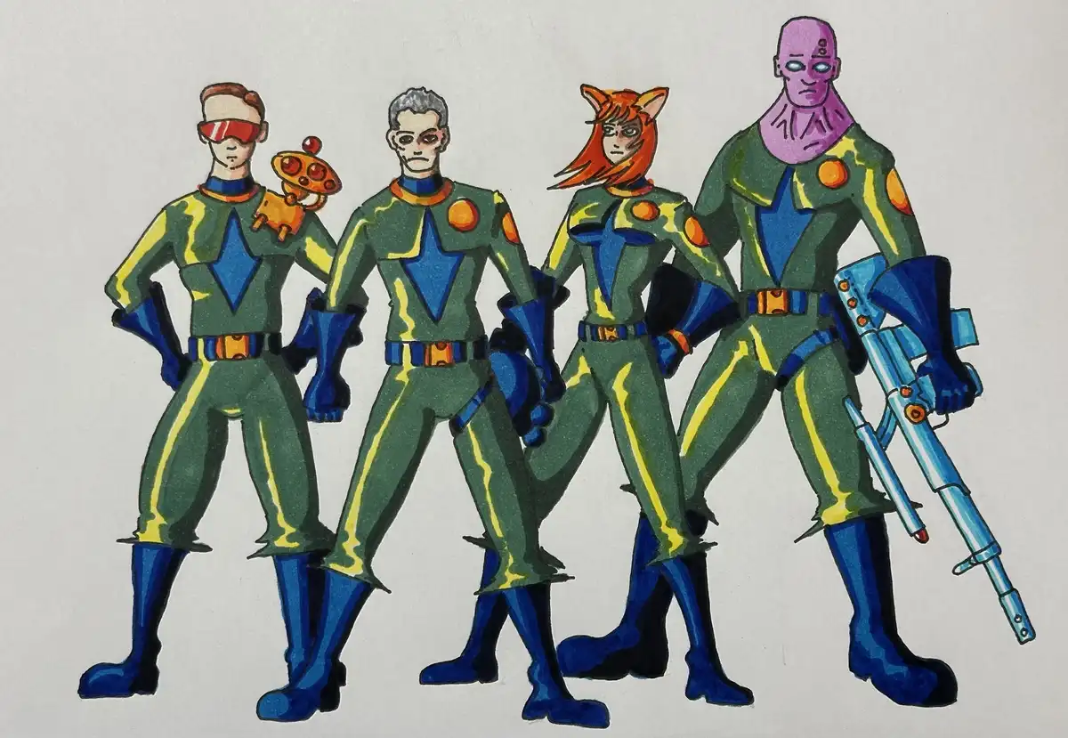 Four cartoon-style characters in matching green, yellow, and blue superhero suits stand in a row. The character on the far…