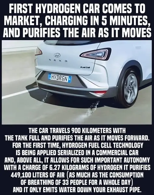 A white Hyundai Nexo hydrogen car is shown from the rear, parked on a road with water droplets visibly spraying from its…