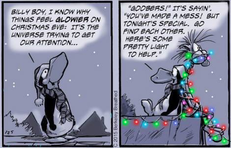 A two-panel comic strip shows a character in a dark, snowy landscape pondering why things feel 'glowier' on Christmas Eve…