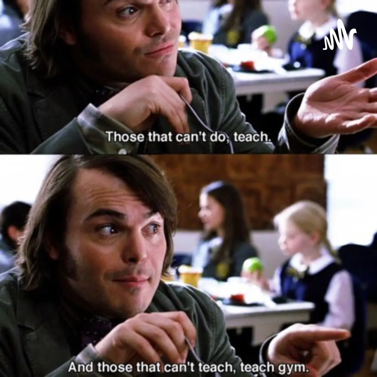 A two-panel meme featuring actor Jack Black in a classroom setting. In the top panel, he looks smug while holding a fork and…