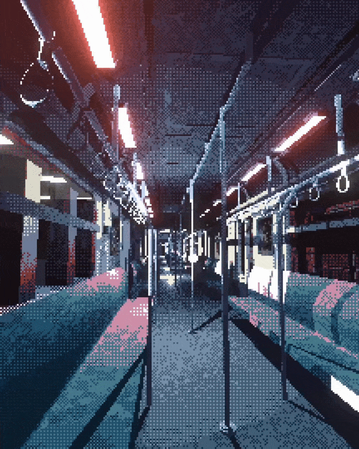 The image displays six panels of a pixelated, empty subway car interior with red overhead lights and blue seats. The panels…