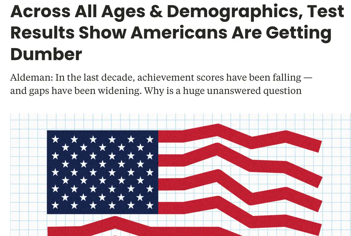 The image displays a headline stating 'Across All Ages & Demographics, Test Results Show Americans Are Getting Dumber' with…
