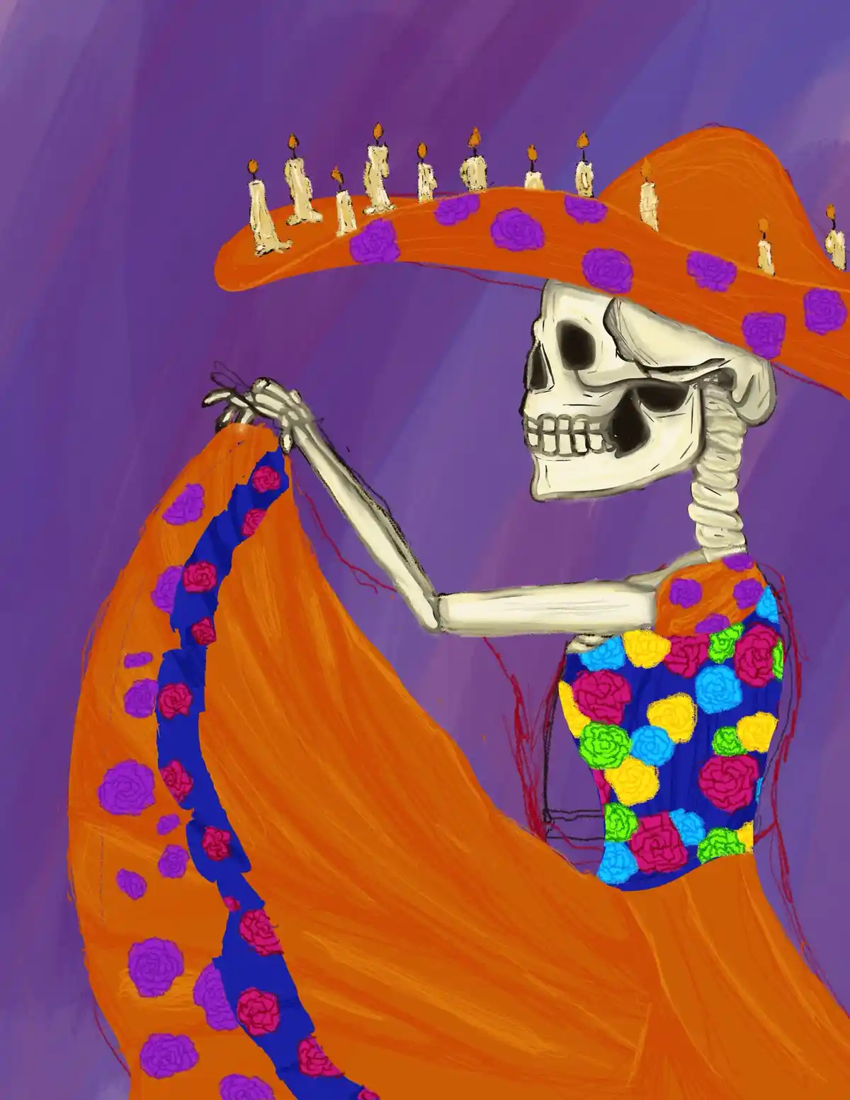 A skeleton dressed in a colorful, floral-patterned dress and an orange sombrero adorned with lit candles and purple roses…