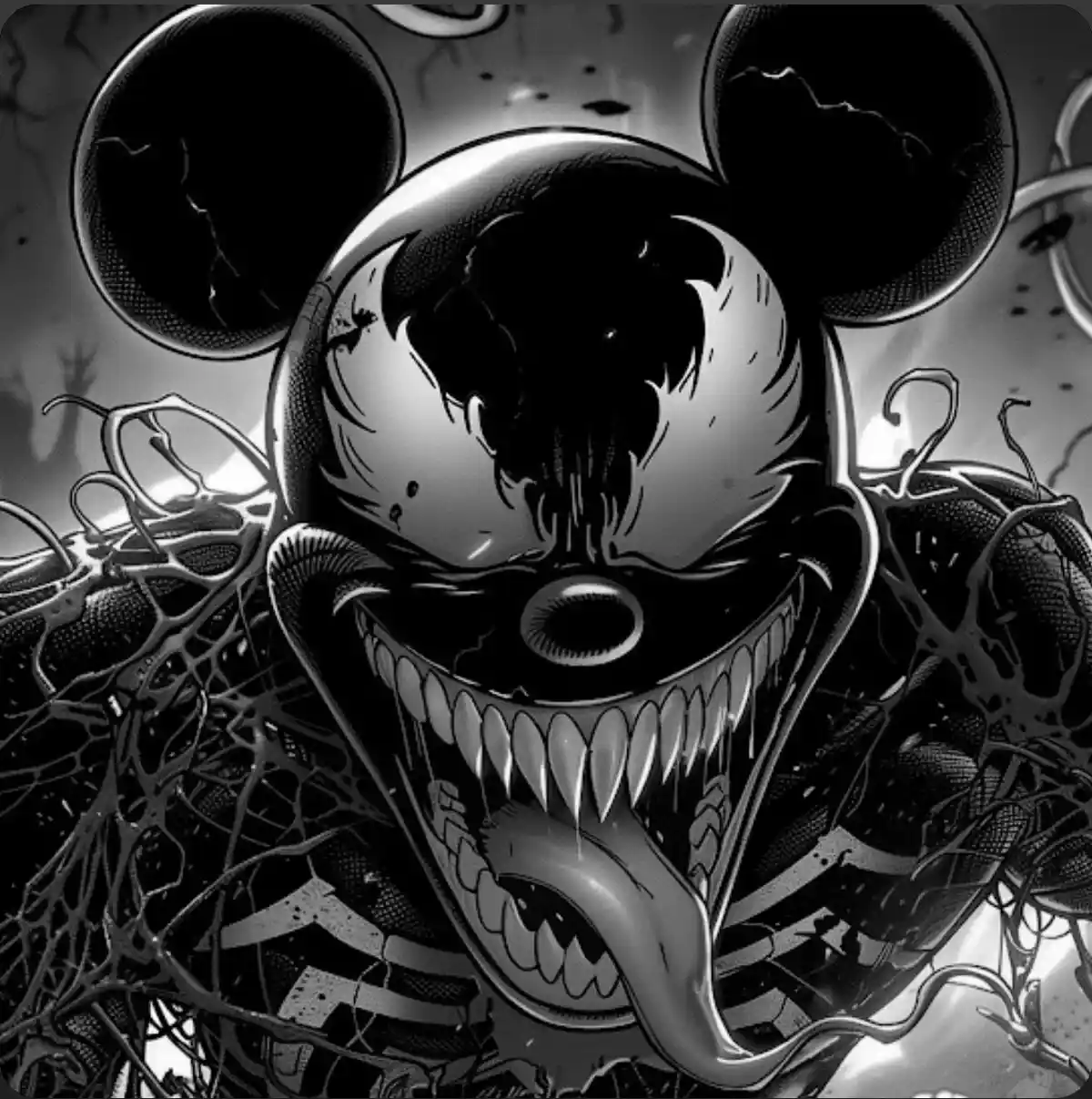 A black-and-white comic-style illustration shows a monstrous, grotesque version of Mickey Mouse with large, cracked ears, a…
