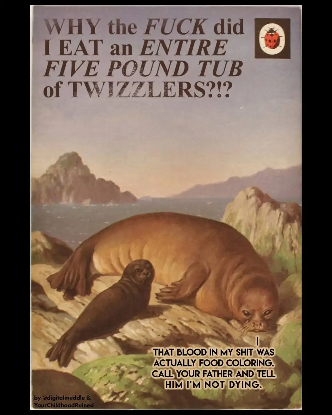 An old-fashioned illustration of two seals on a rocky shore with a mountainous backdrop. The larger seal has a distressed…