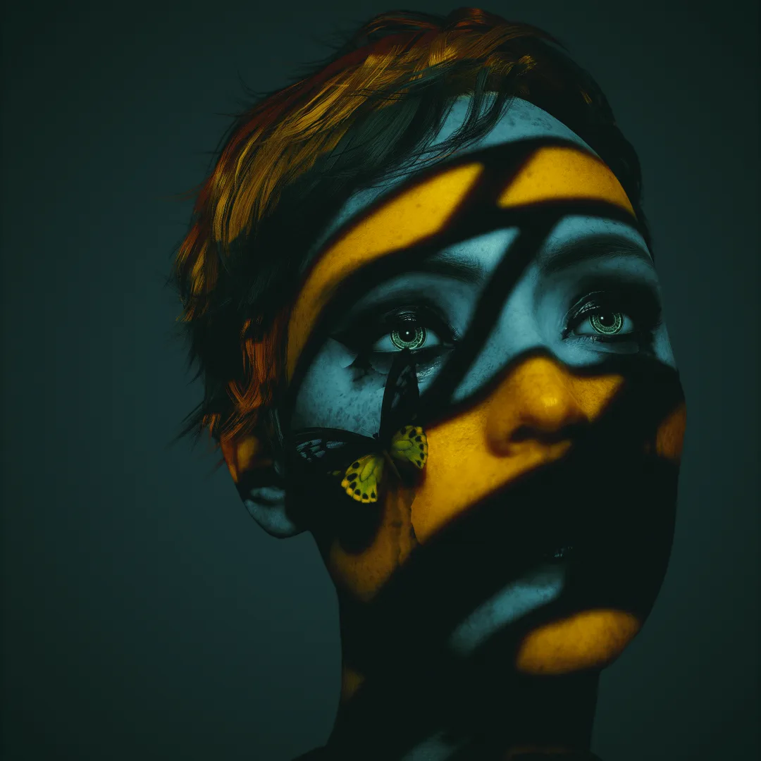 A person's face is partially illuminated by dramatic yellow and blue lighting, with a butterfly resting on their cheek. The…