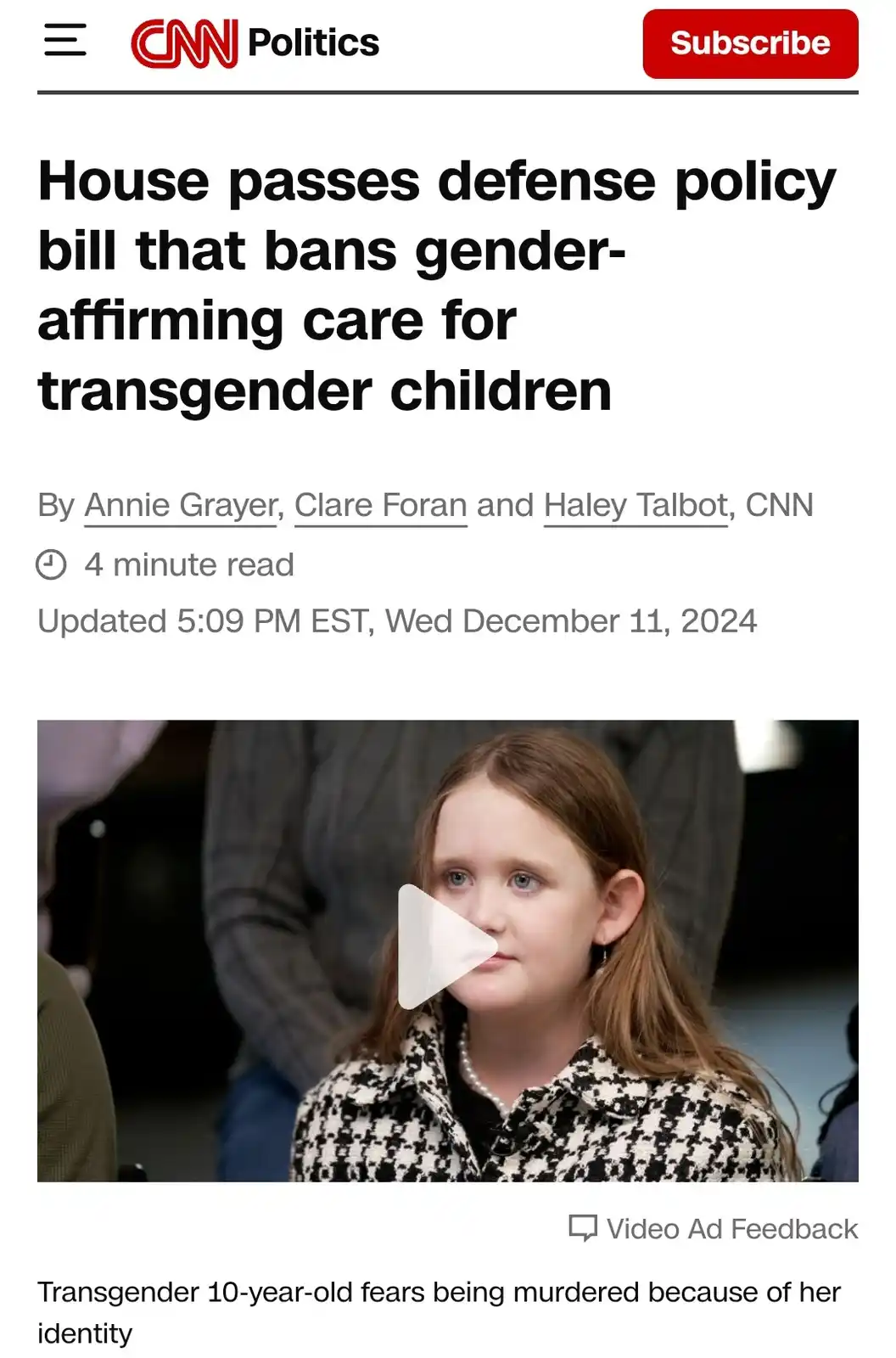 A screenshot of a CNN Politics article headline about a defense bill banning gender-affirming care for transgender children…