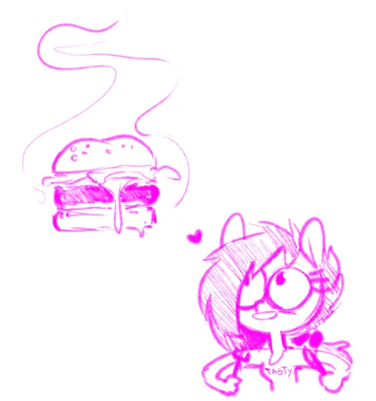 A pink-sketch-style cartoon character with wide eyes and a heart-shaped thought bubble gazes adoringly at a steaming…