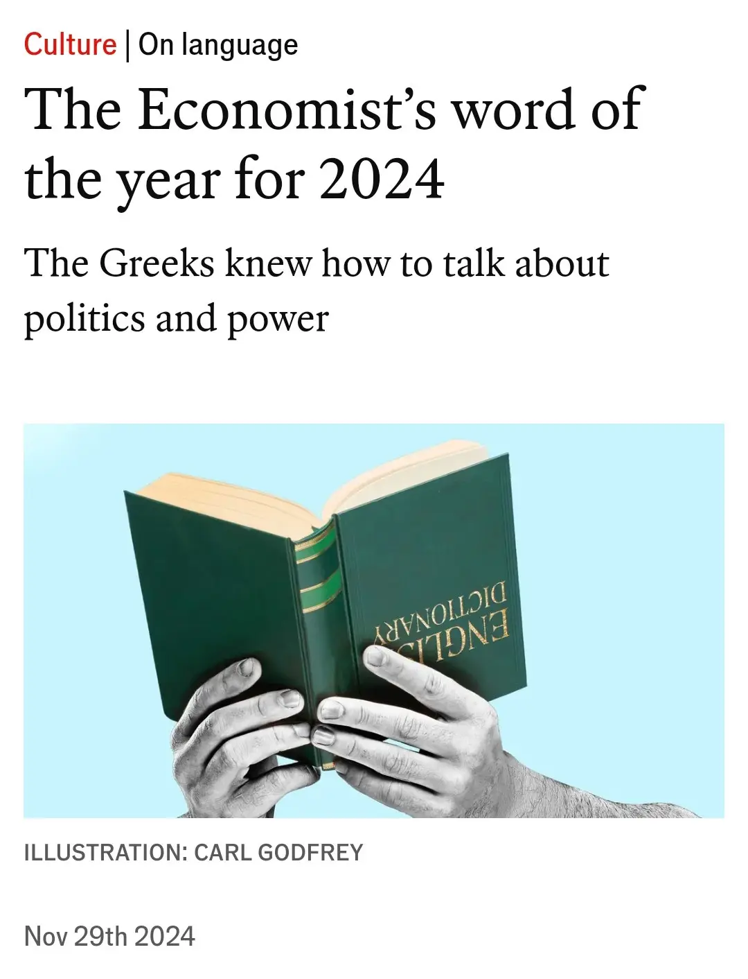 The image shows a newspaper article header for 'The Economist's word of the year for 2024' with the subheading 'The Greeks…