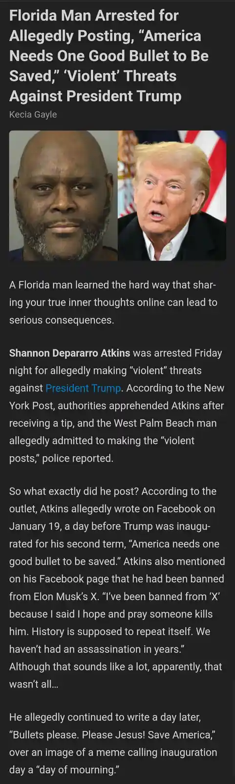 The image displays a split-screen: on the left, a mugshot of a bald Black man with a beard, and on the right, a photo of…