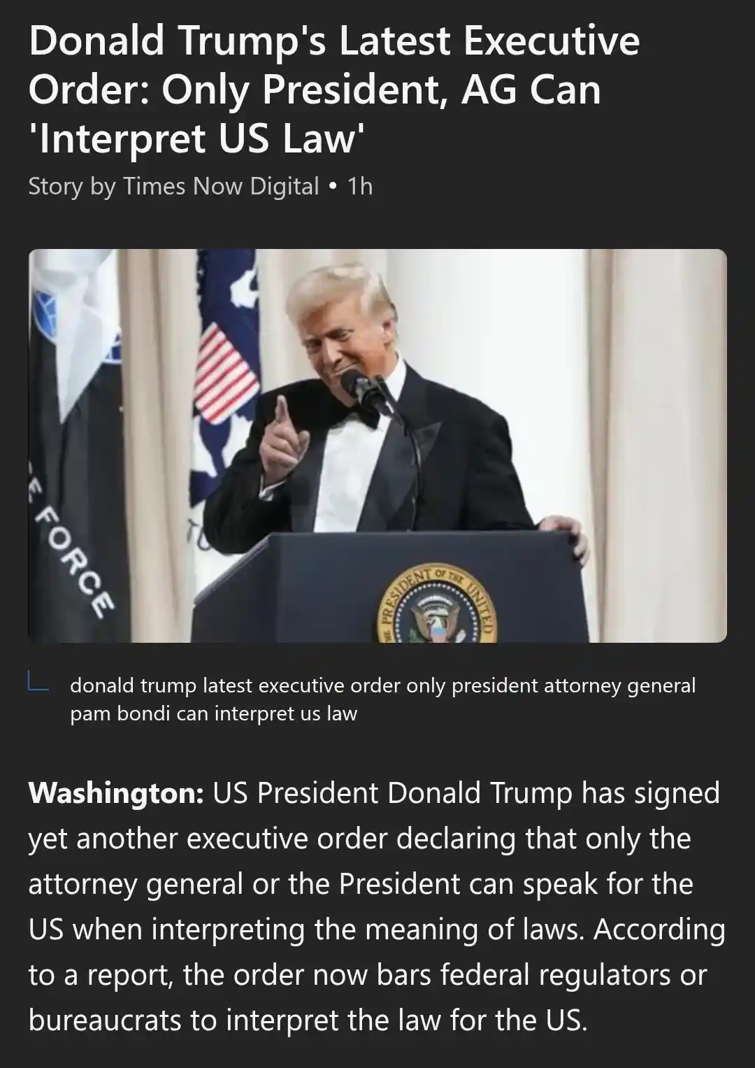 A screenshot of a news article from Times Now Digital shows Donald Trump at a podium with the presidential seal, giving a…