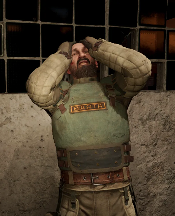A man in a green tactical vest with 'БАРТА' on the chest, wearing quilted arm guards, holds his head with both hands in a…