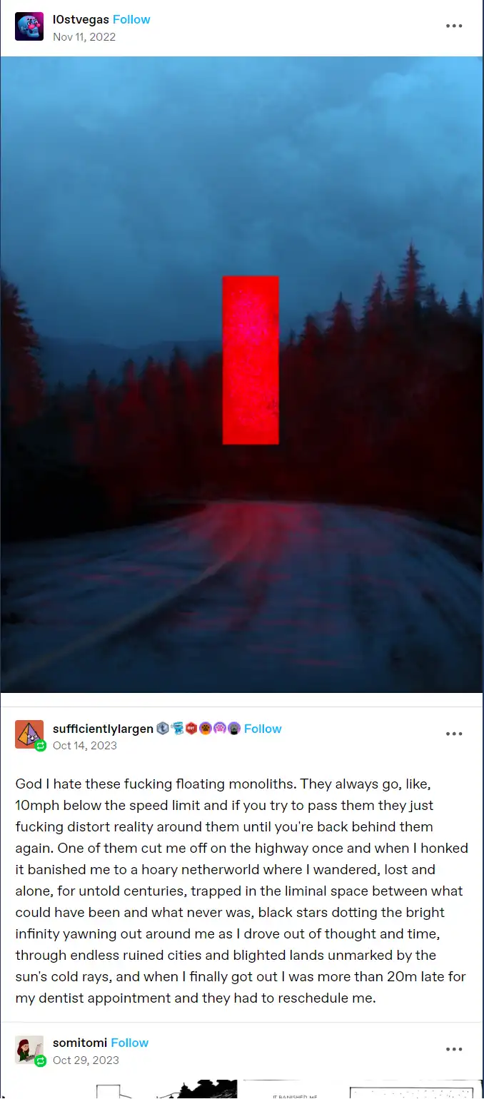 A screenshot of a social media post showing a dark, atmospheric image of a road at dusk or night, flanked by trees, with a…