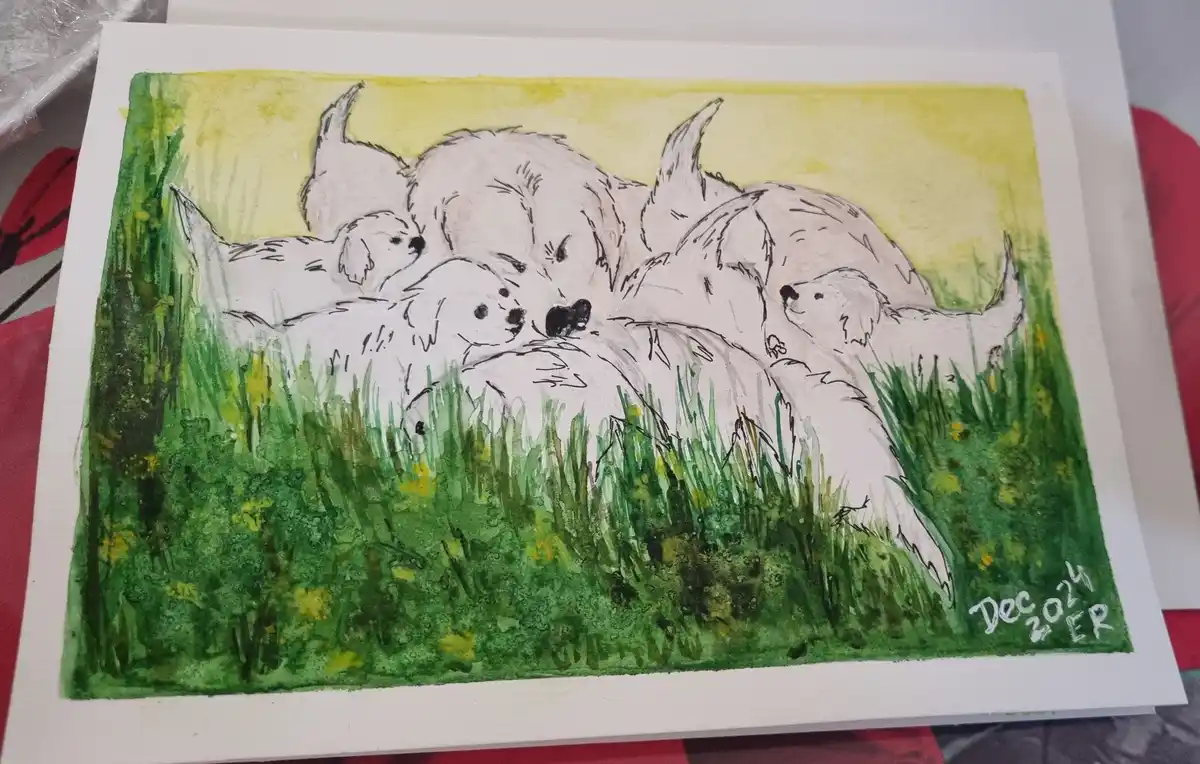 A watercolor painting depicts several fluffy white dogs, likely West Highland White Terriers, huddled together in a grassy…