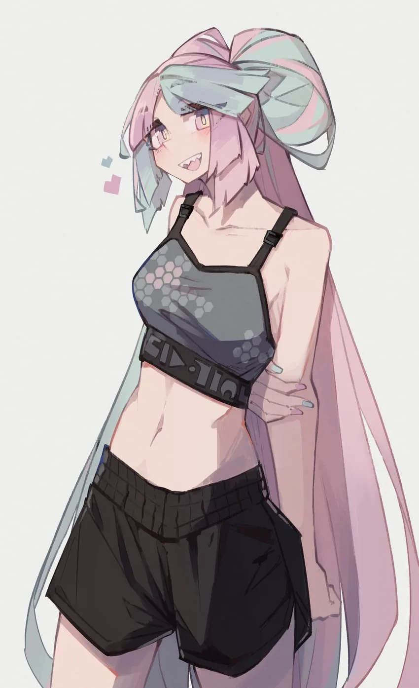 An anime-style illustration of a young woman with long pink and light blue hair tied in a large bow, wearing a grey…